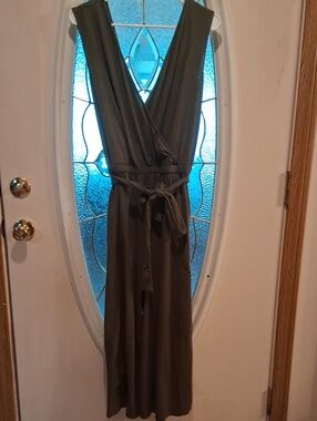 Sleeveless V-Neck Olive Wrap Jumpsuit with Tie Waist